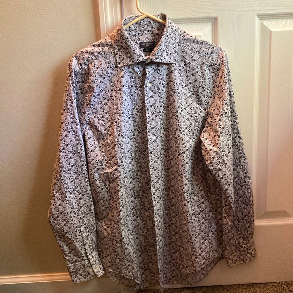 Van Heusen White and Grey Dress Shirt with Floral Design